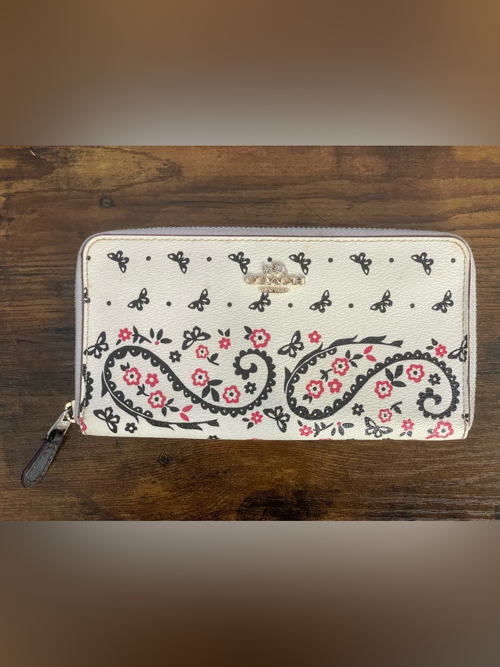 COACH Black & White Butterfly Bandana Print Zip Around Wallet